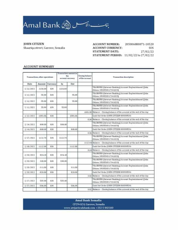 Somalia Amal bank statement, Excel and PDF template