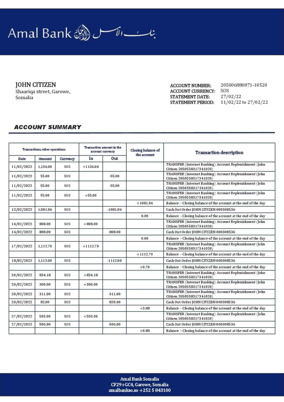 Somalia Amal bank statement template in Word and PDF format