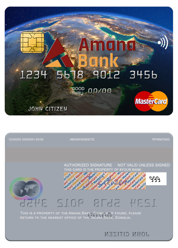 Editable Somalia Amana Bank mastercard credit card Templates in PSD Format