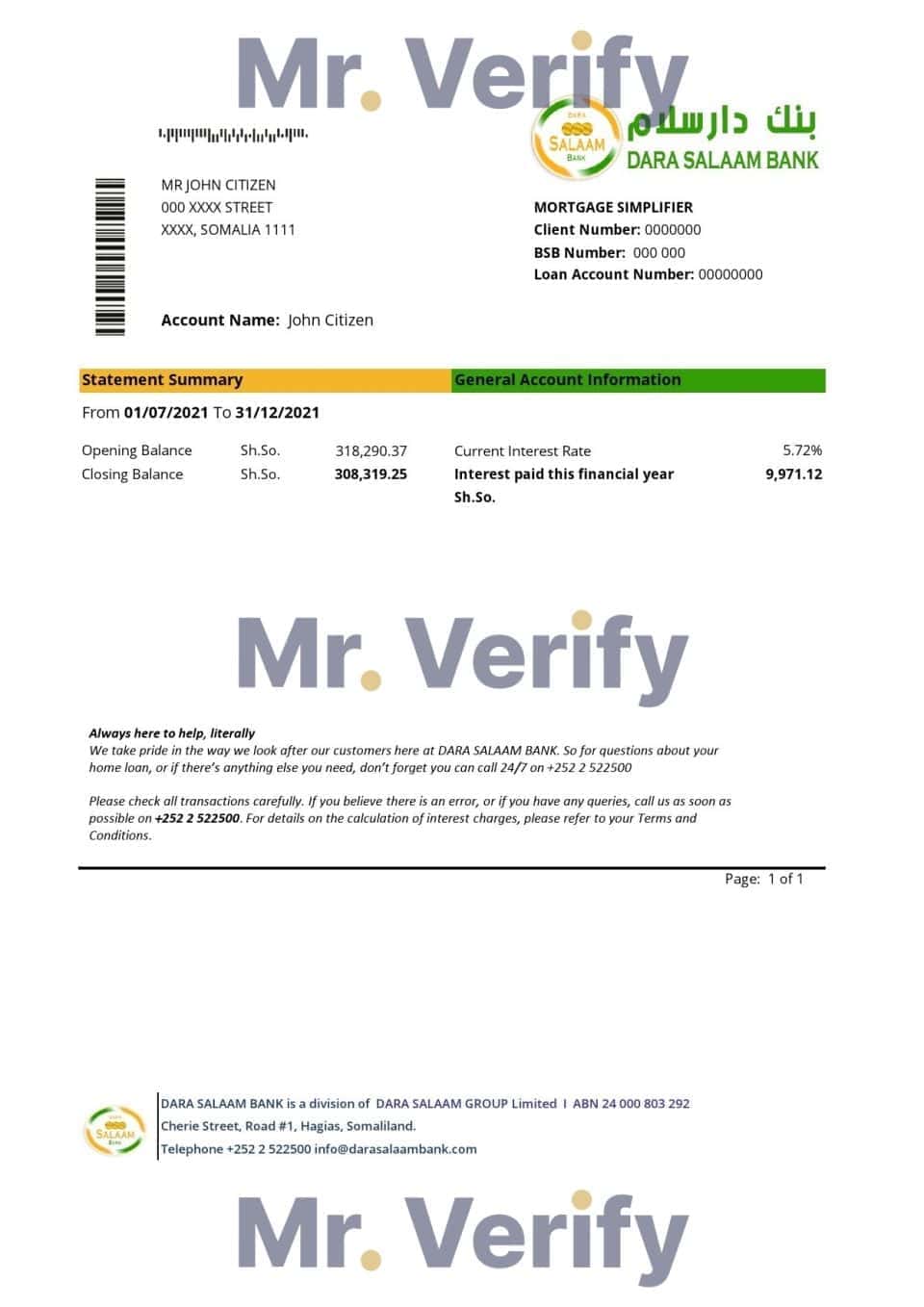 Somalia Dara Salaam Bank statement template in Excel and PDF format