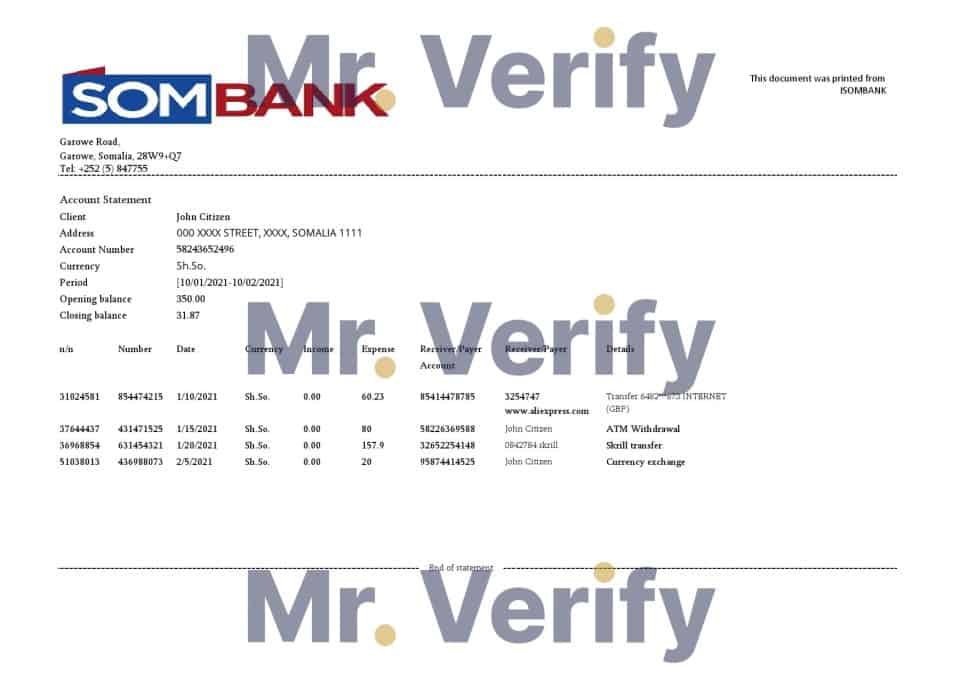 Somalia Sombank bank statement template in Excel and PDF format