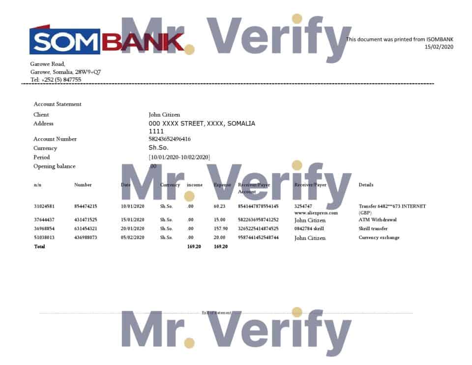 Somalia Sombank bank statement template in Word and PDF format