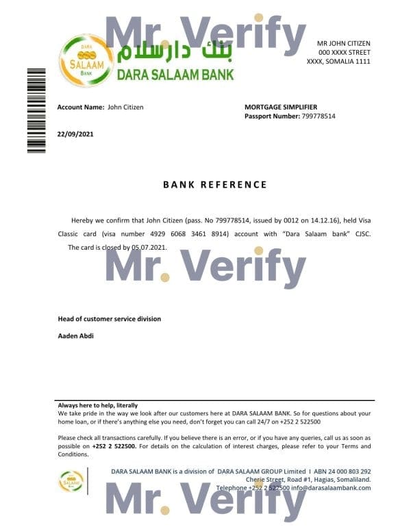 Download Somalia Dara Salaam Bank Reference Letter Templates | Editable Word