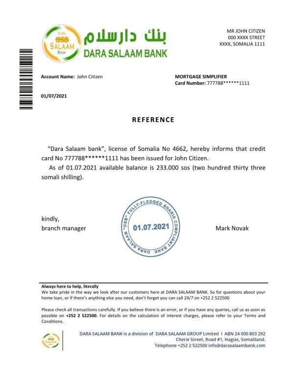 Download Somalia Dara Salaam Bank Reference Letter Templates | Editable Word