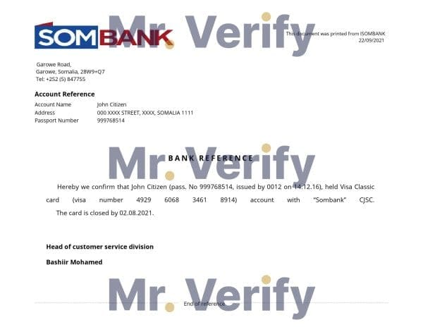 Download Somalia Sombank Bank Reference Letter Templates | Editable Word