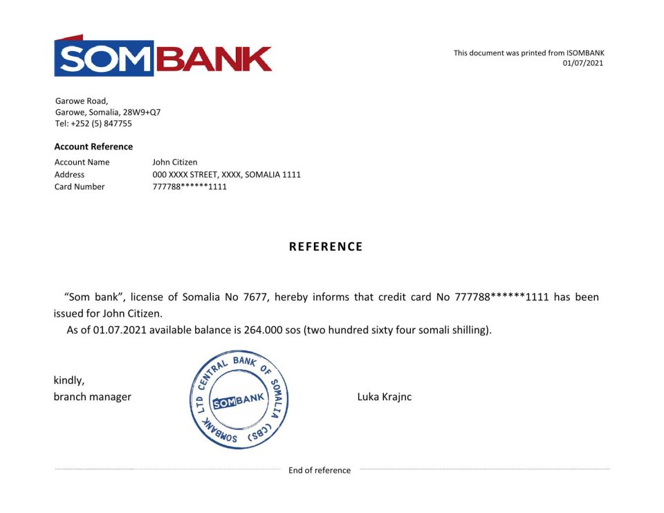 Download Somalia Sombank Bank Reference Letter Templates | Editable Word