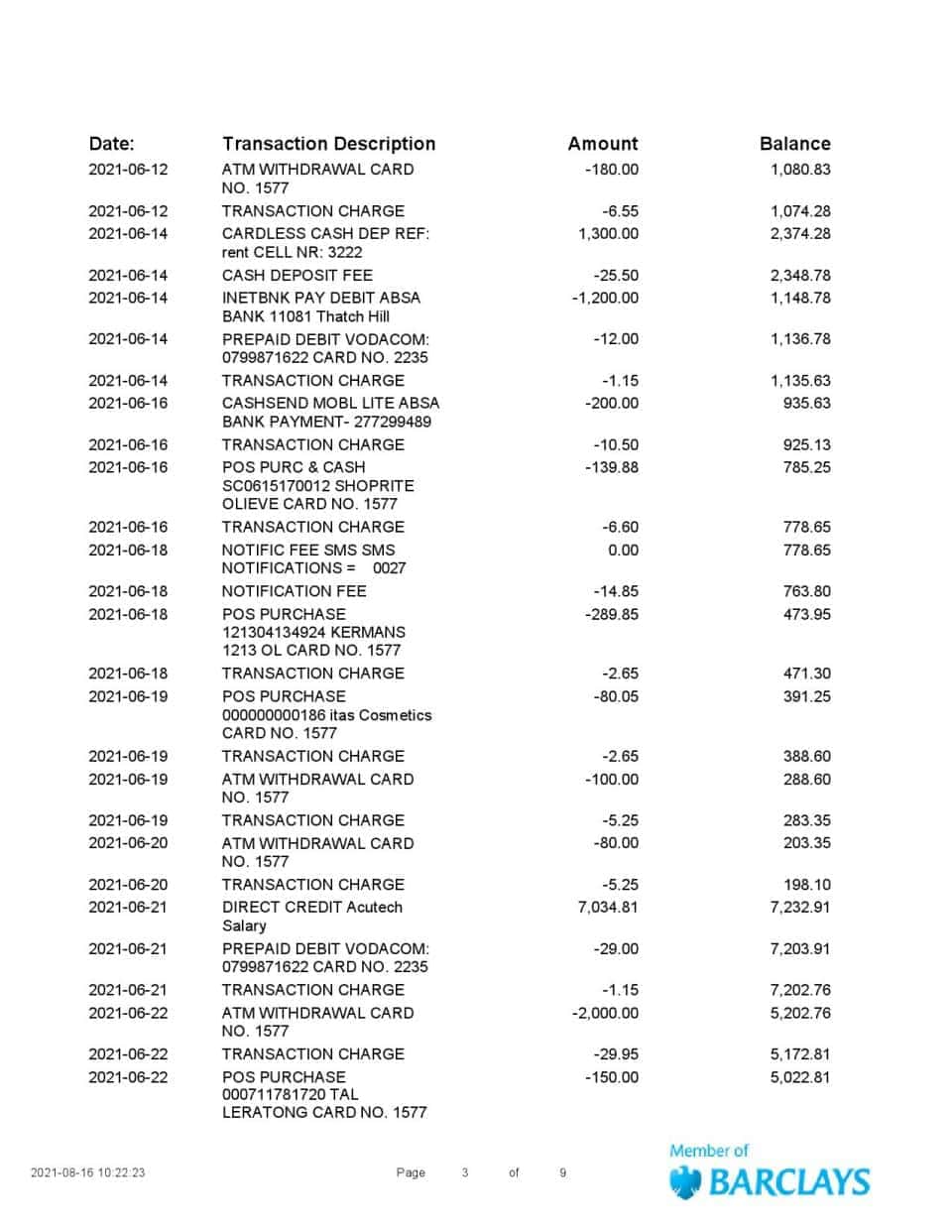 South Africa ABSA bank statement easy to fill template in Word and PDF format (9 pages)