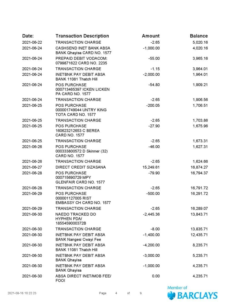 South Africa ABSA bank statement easy to fill template in Word and PDF format (9 pages)