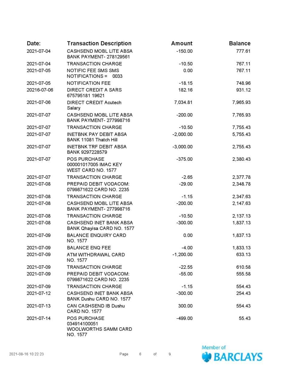 South Africa ABSA bank statement easy to fill template in Word and PDF format (9 pages)