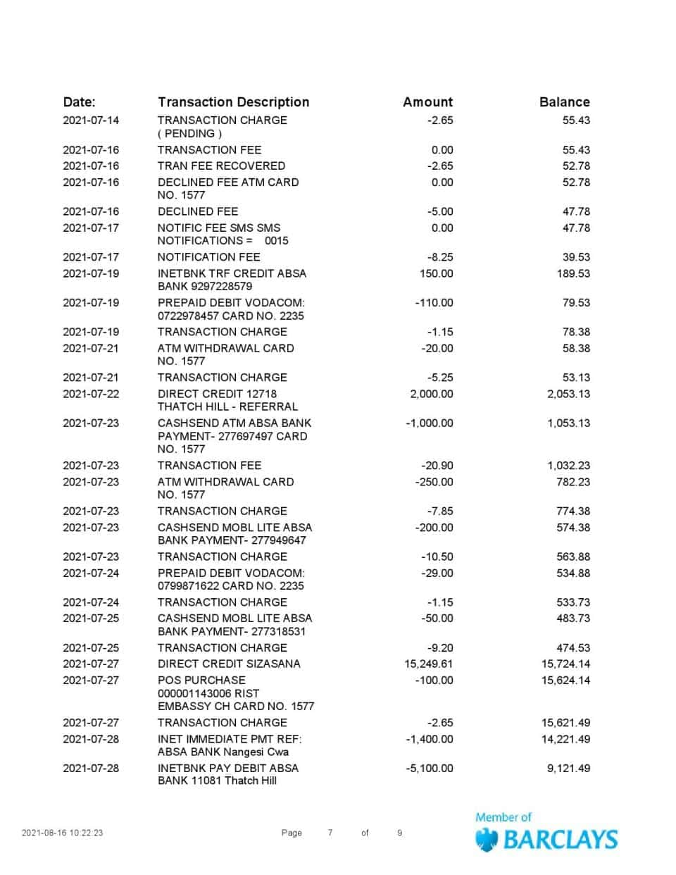 South Africa ABSA bank statement easy to fill template in Word and PDF format (9 pages)
