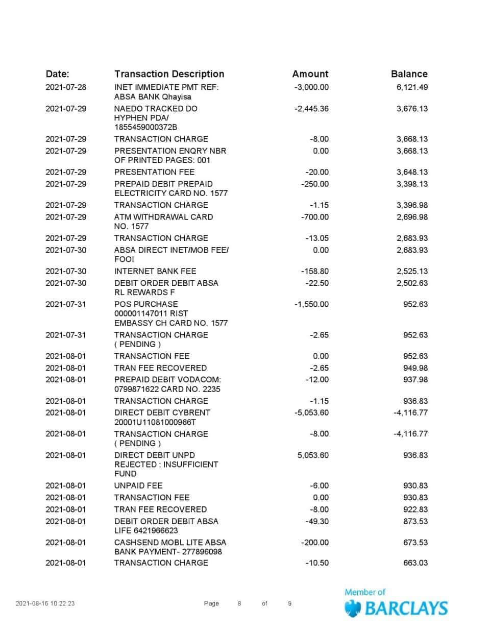 South Africa ABSA bank statement easy to fill template in Word and PDF format (9 pages)