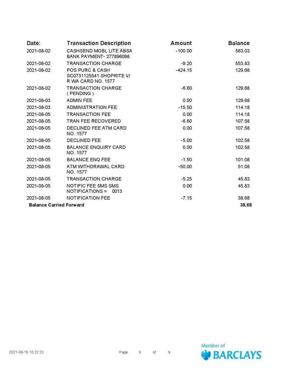 South Africa ABSA bank statement easy to fill template in Word and PDF format (9 pages)