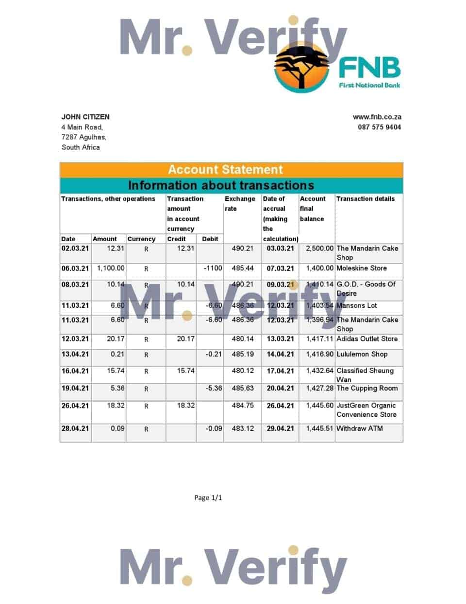South Africa FNB bank statement easy to fill template in Excel and PDF format