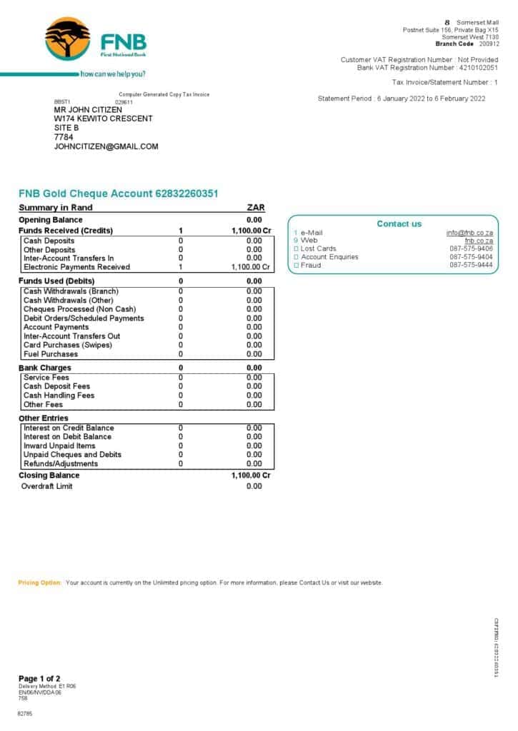 South Africa First National Bank (FNB) Bank Statement, Word And PDF ...