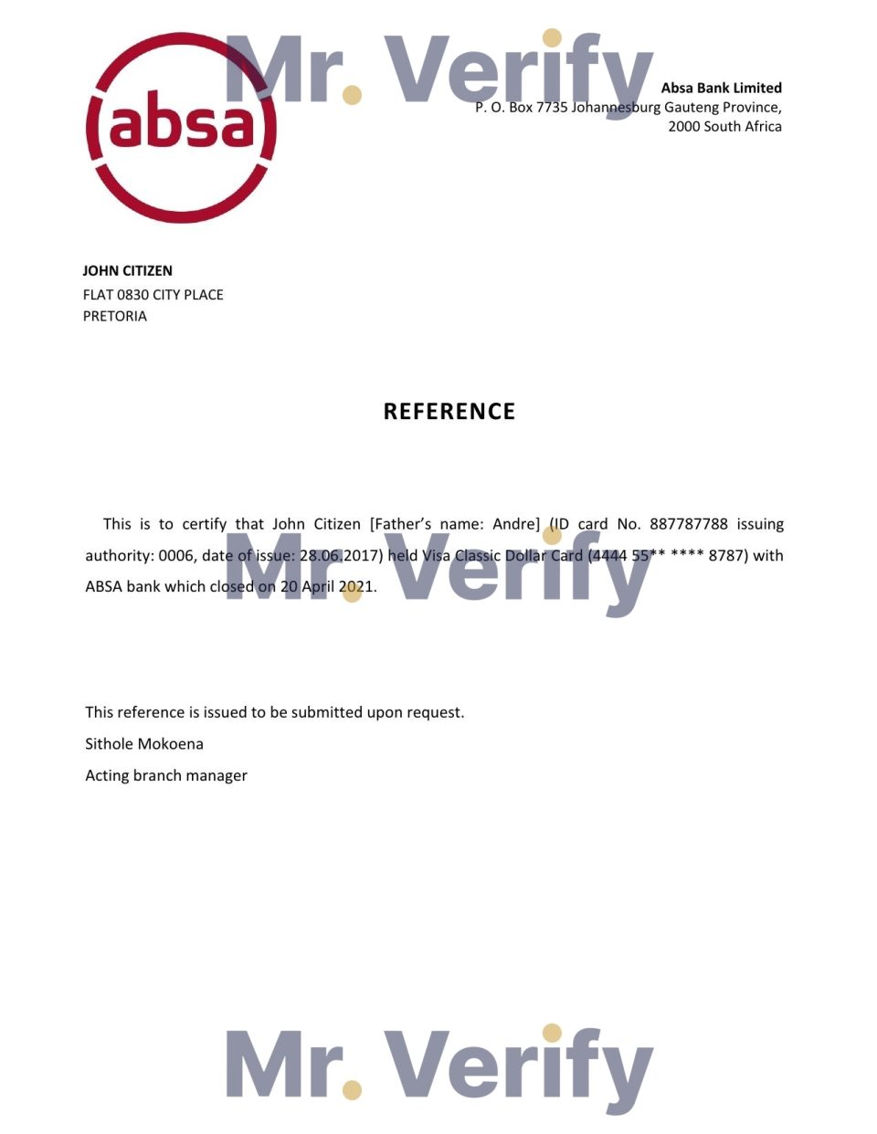 Download South Africa ABSA Bank Reference Letter Templates | Editable Word