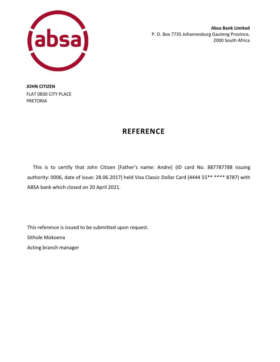 Download South Africa ABSA Bank Reference Letter Templates | Editable Word