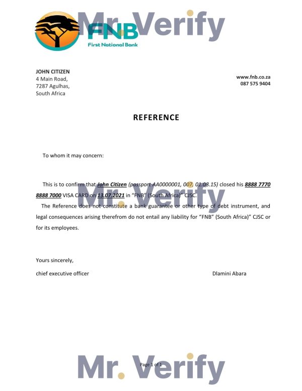 South Africa FNB bank account closure reference letter template in Word and PDF format