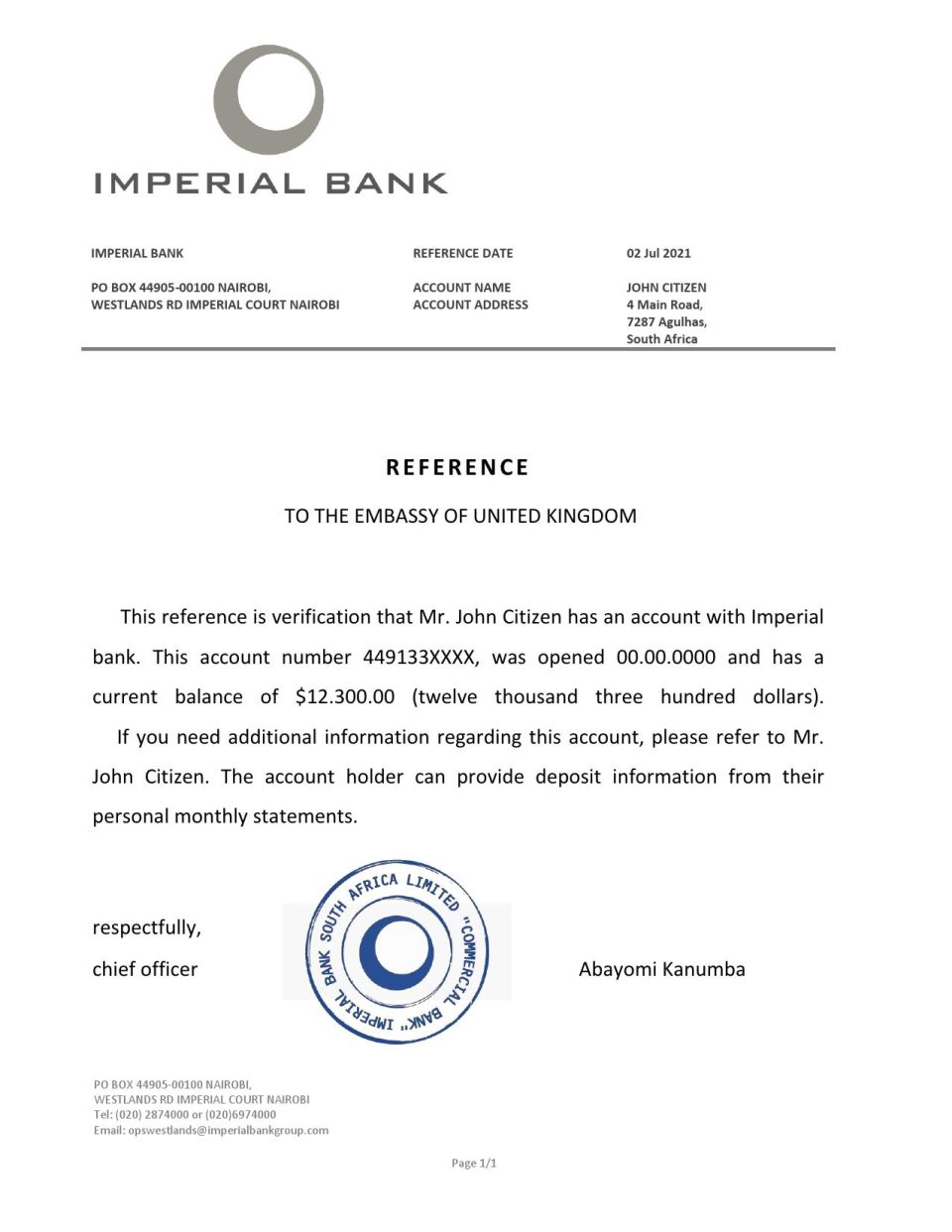 Download South Africa Imperial Bank Reference Letter Templates | Editable Word
