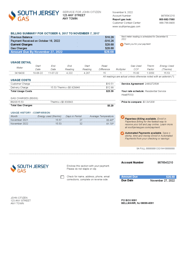 USA New Jersey South Jersey Gas utility bill template in Word and PDF format