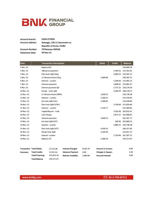 South Korea BNK bank statement easy to fill template in Excel and PDF format