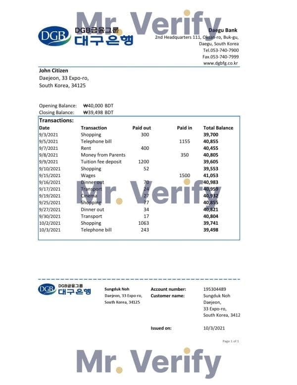 South Korea Daegu bank statement easy to fill template in Excel and PDF format