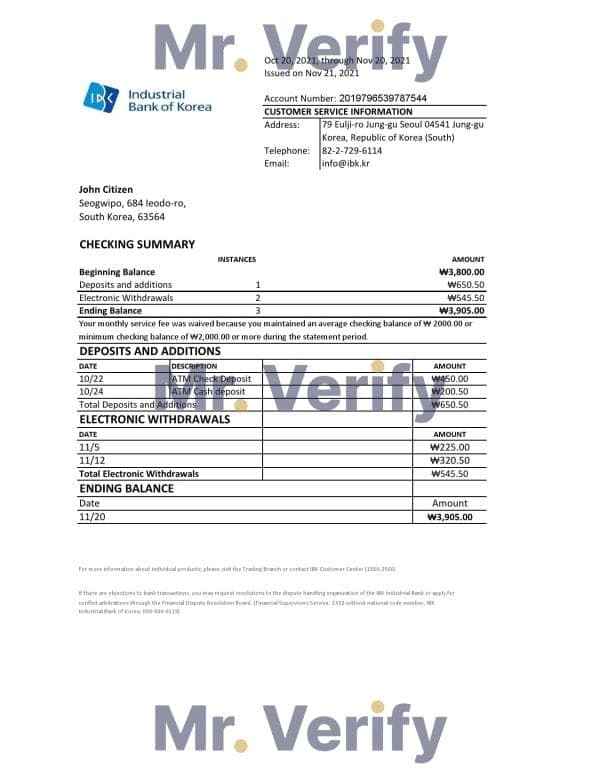 South Korea Industrial bank statement easy to fill template in Excel and PDF format