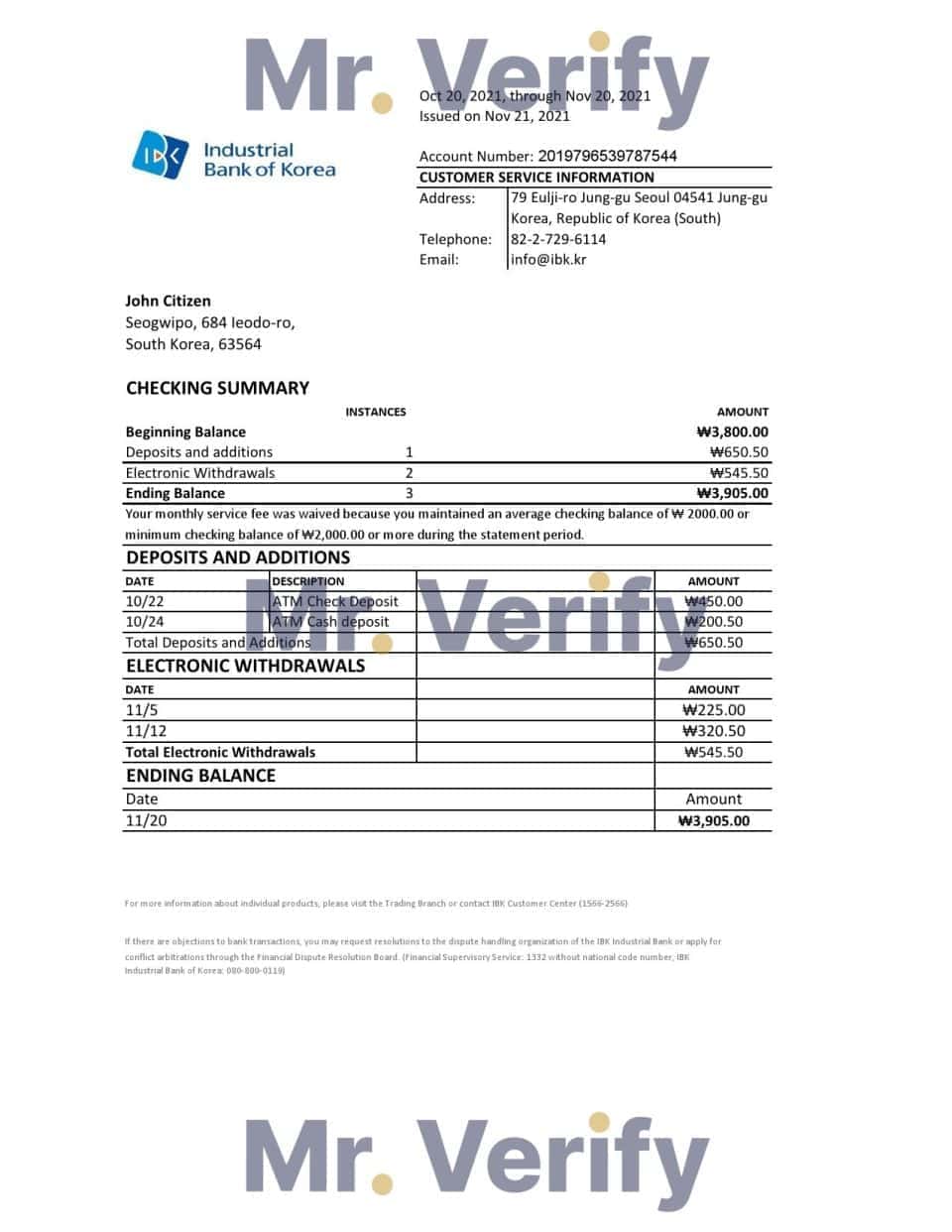 South Korea Industrial bank statement easy to fill template in Excel and PDF format