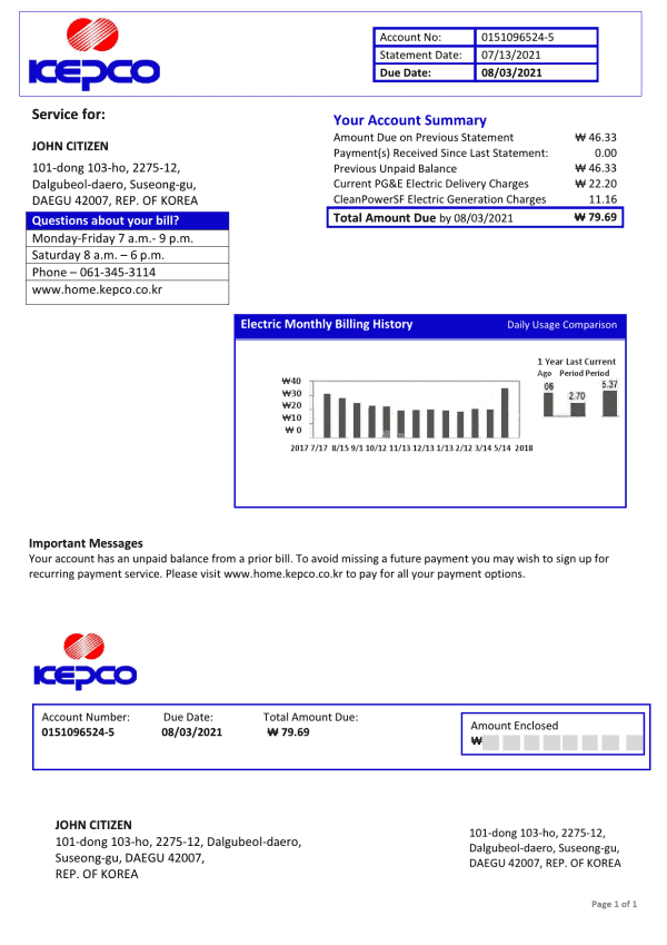 South Korea Electric Power Corporation electricity utility bill template in Word and PDF format
