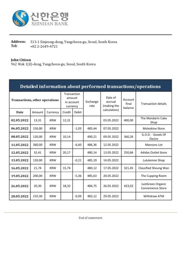 South Korea Shinhan bank statement template in Word and PDF format