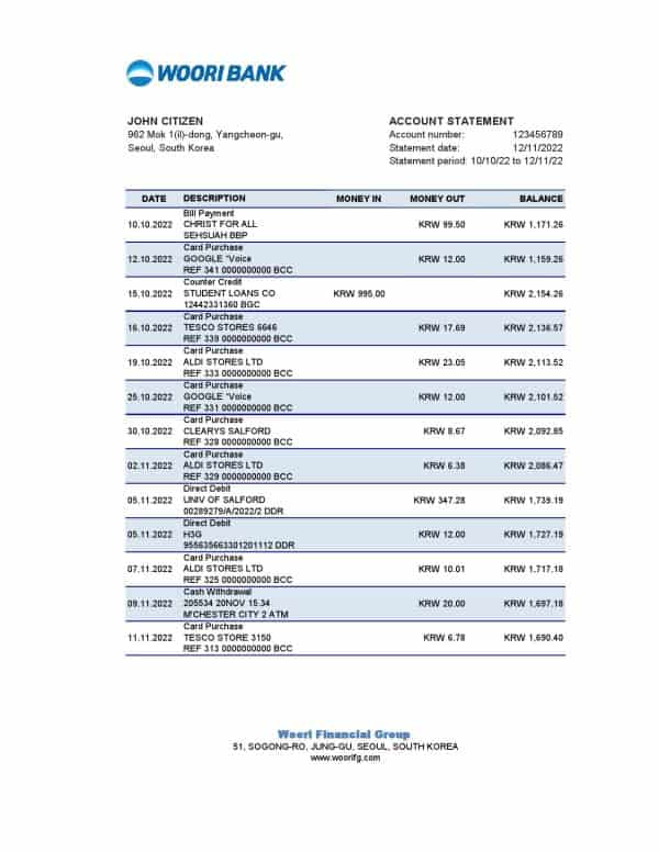 South Korea Woori bank statement, Excel and PDF template