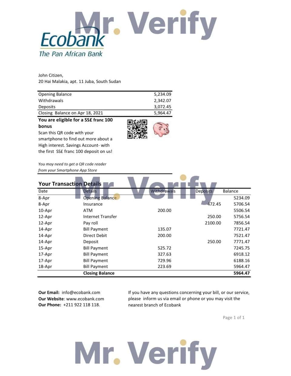 South Sudan Ecobank bank statement easy to fill template in Excel and PDF format