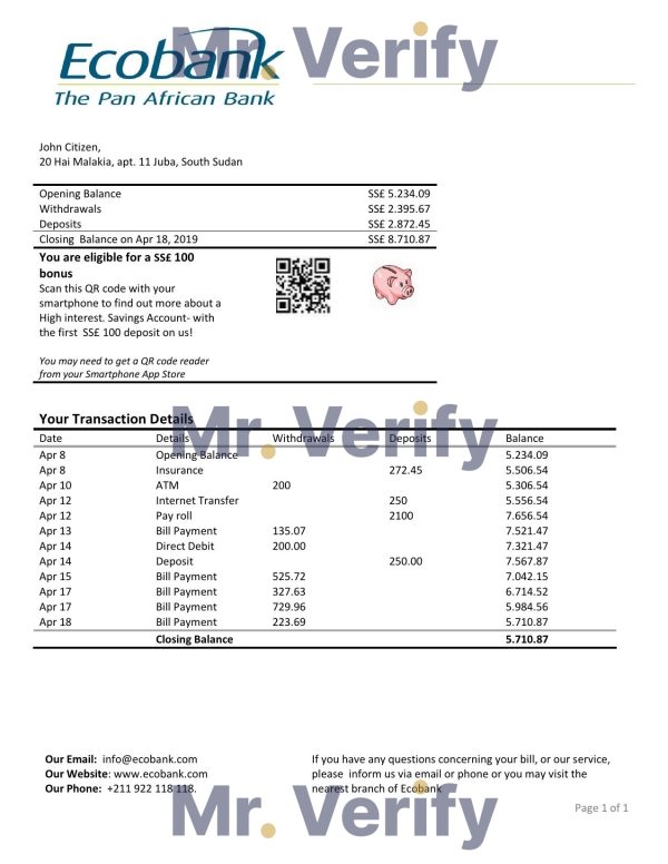 South Sudan Ecobank proof of address bank statement template in Word and PDF format