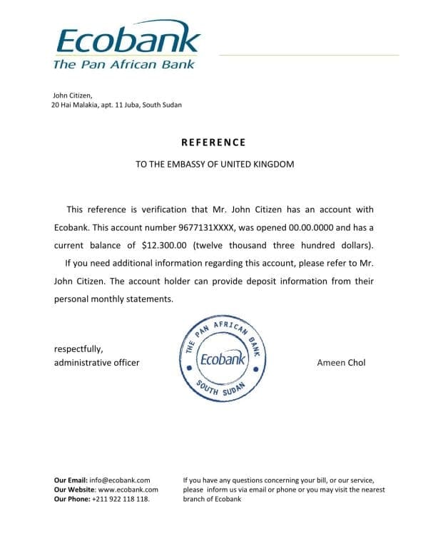 Download South Sudan Ecobank Bank Reference Letter Templates | Editable Word