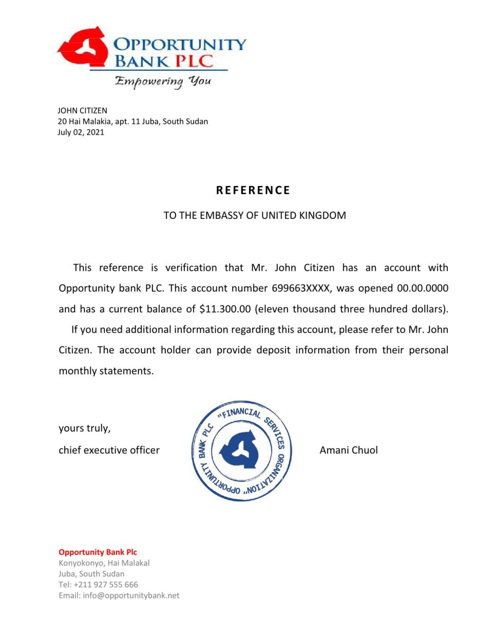 Download South Sudan Opportunity Bank Reference Letter Templates | Editable Word