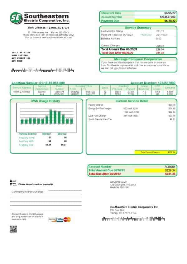 USA South Dakota Southeastern Electric utility bill template in Word and PDF format