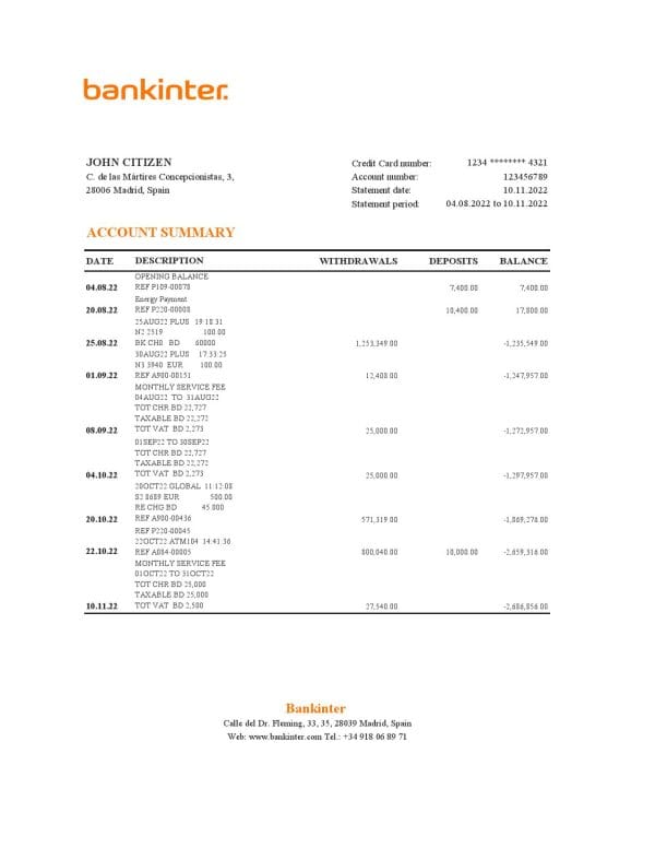 Spain Bankinter bank statement, Excel and PDF template