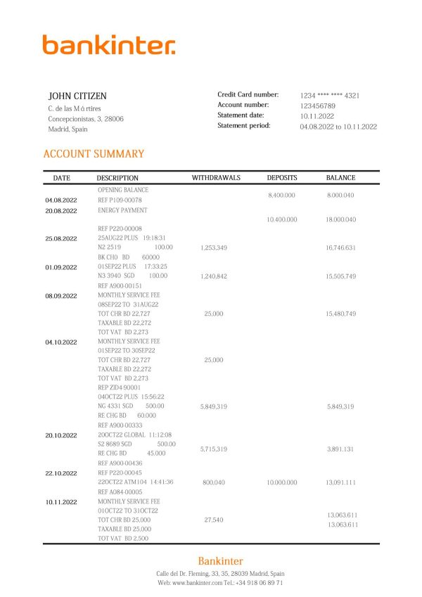 Spain Bankinter bank statement template in Word and PDF format