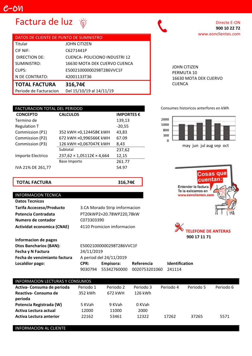 Spain E.ON electricity utility bill template in Word and PDF format