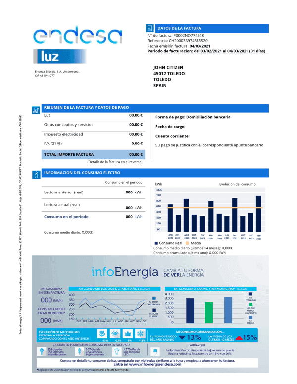 Spain Endesa luz utility bill template in Word and PDF format