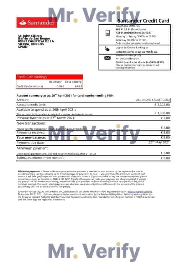 Spain Santander credit card proof of address bank statement in Excel and PDF format
