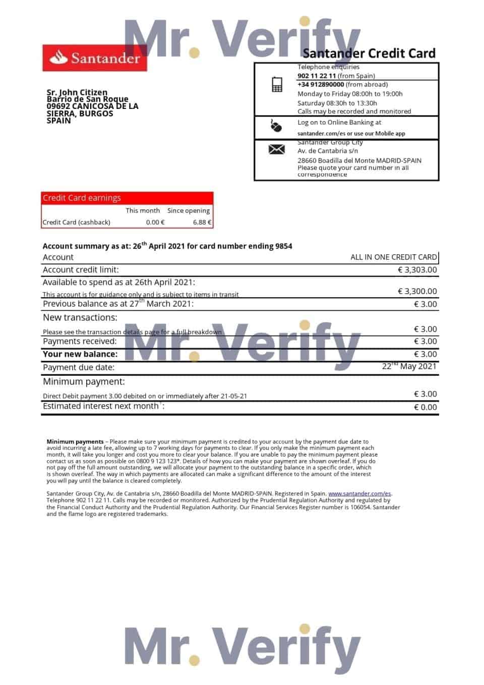 Spain Santander credit card proof of address bank statement in Excel and PDF format