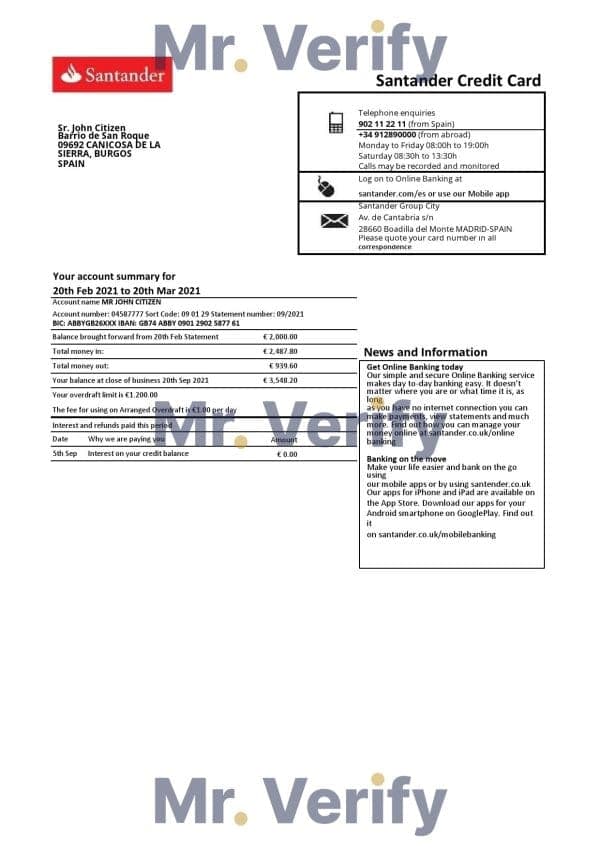 Spain Santander credit card statement template, Excel and PDF format (.xls and .pdf), 2 pages