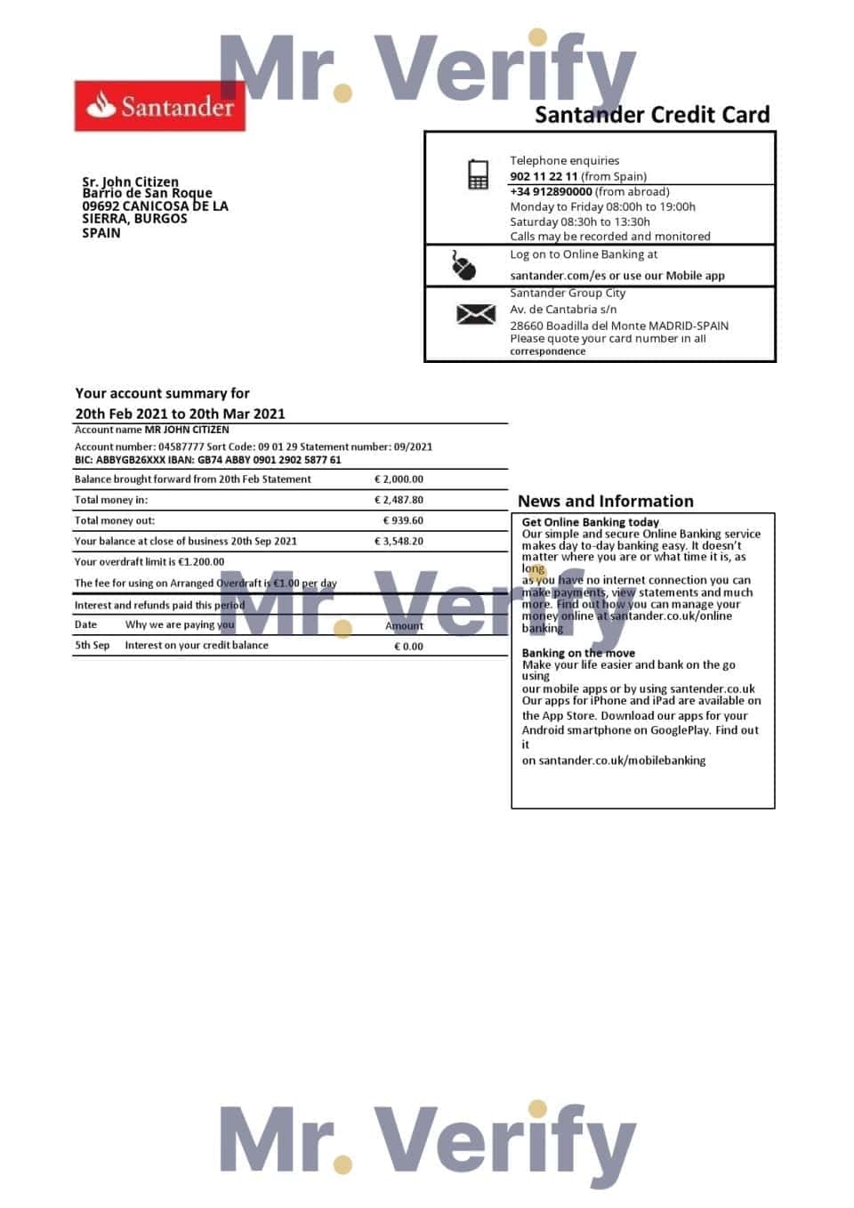 Spain Santander credit card statement template, Excel and PDF format (.xls and .pdf), 2 pages