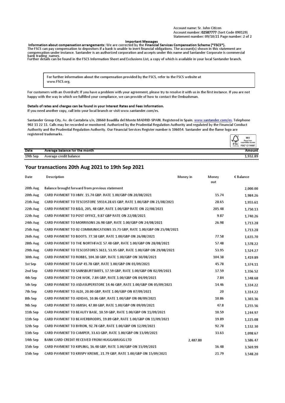 Spain Santander credit card statement template, Excel and PDF format (.xls and .pdf), 2 pages