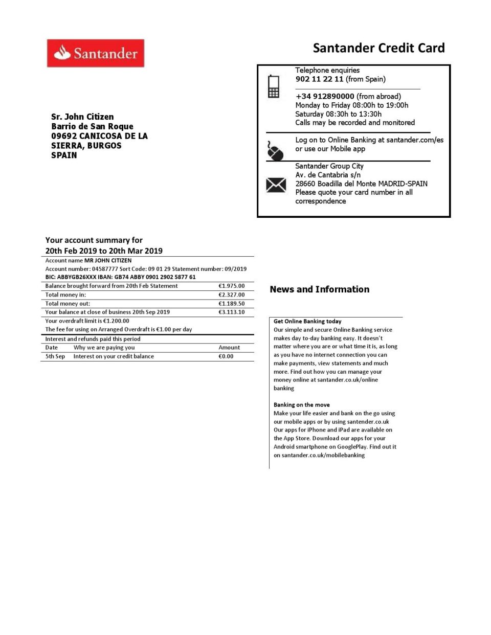 Spain Santander credit card statement template, Word and PDF format (.doc and .pdf), 2 pages