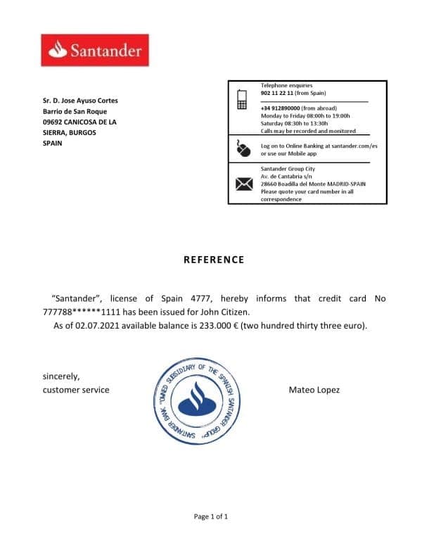 Download Spain Santander Bank Reference Letter Templates | Editable Word