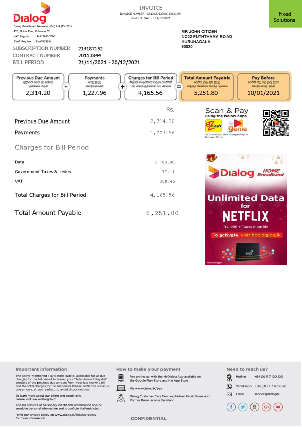 Sri Lanka Dialog utility bill template in Word and PDF format (2 pages)