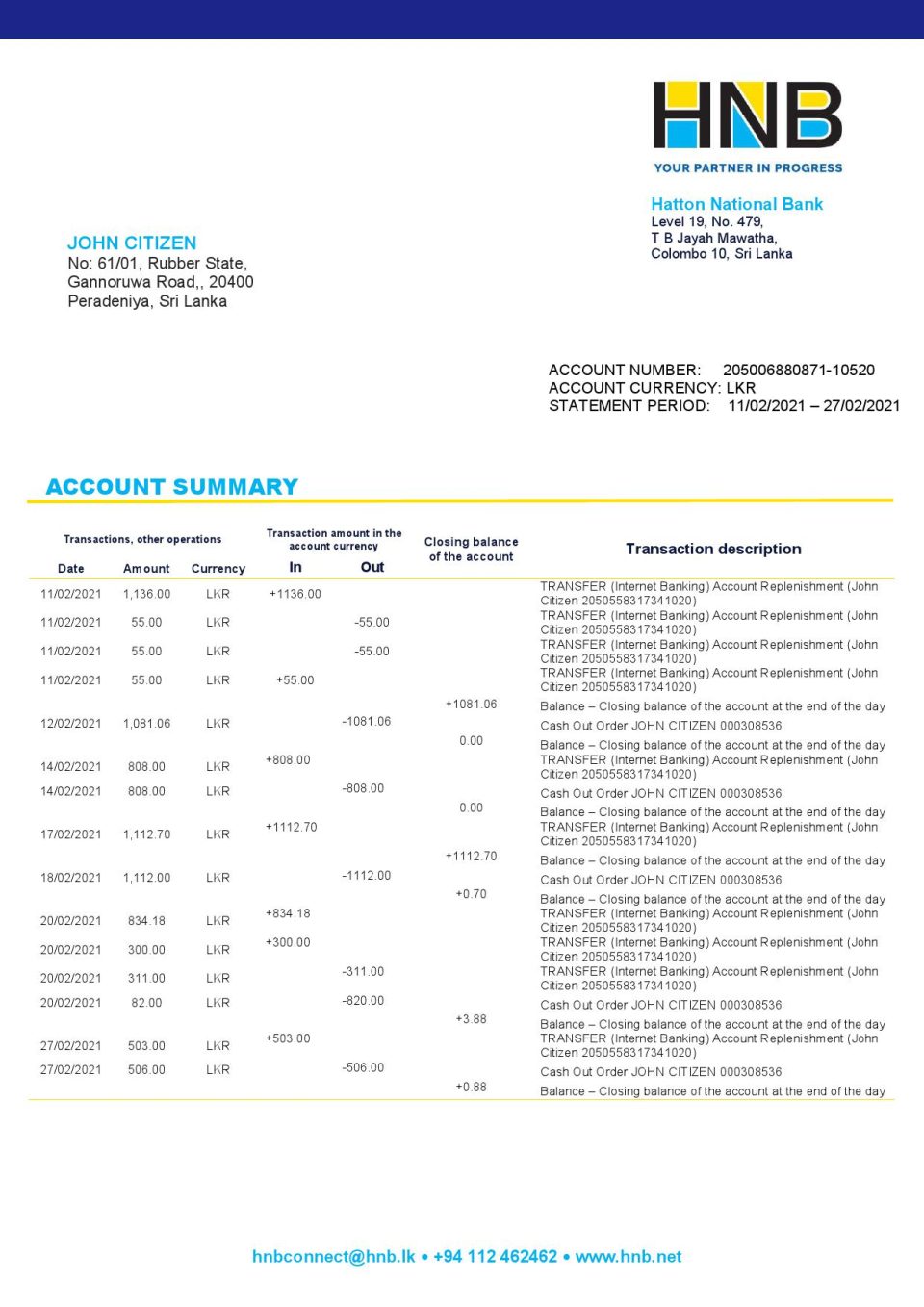 Sri Lanka Hatton National Bank statement template in Word and PDF format