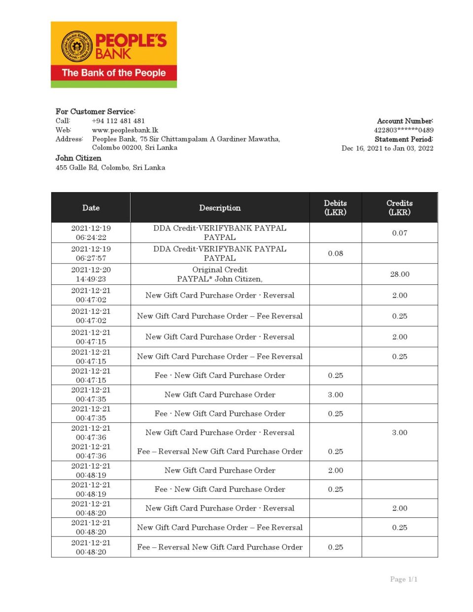 Sri Lanka People’s Bank bank statement template in Word and PDF format, version 2