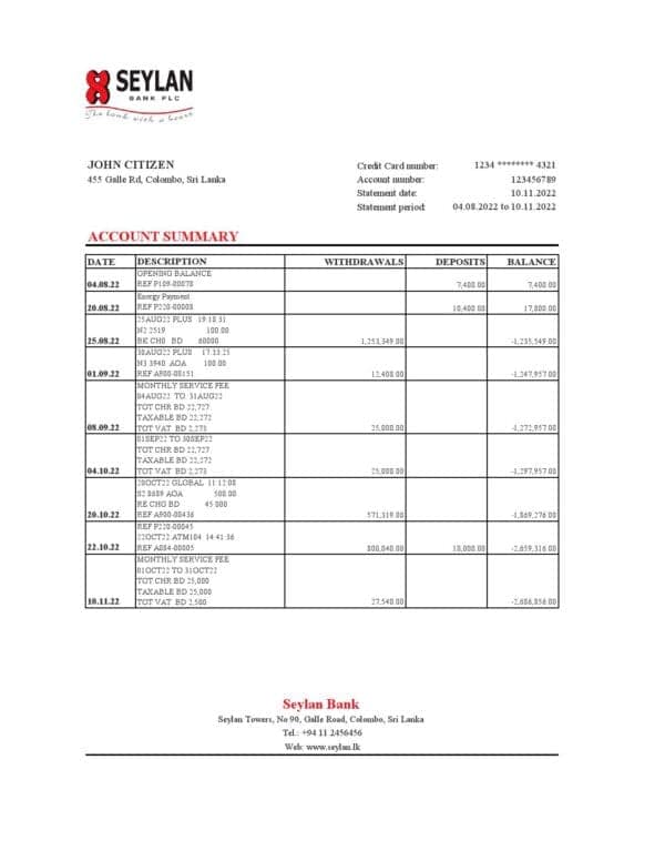 Sri Lanka Seylan bank statement, Excel and PDF template